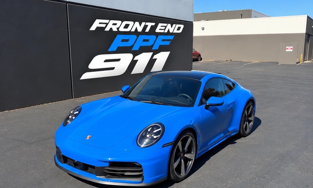 Blue Porsche 911 with front end paint protection film installed by Wraptik